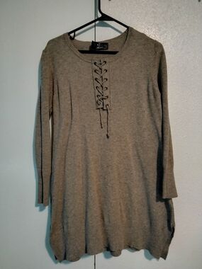 P. Luca Milano Lace Up Knit Sweater Dress Tunic Taupe Tan Beige